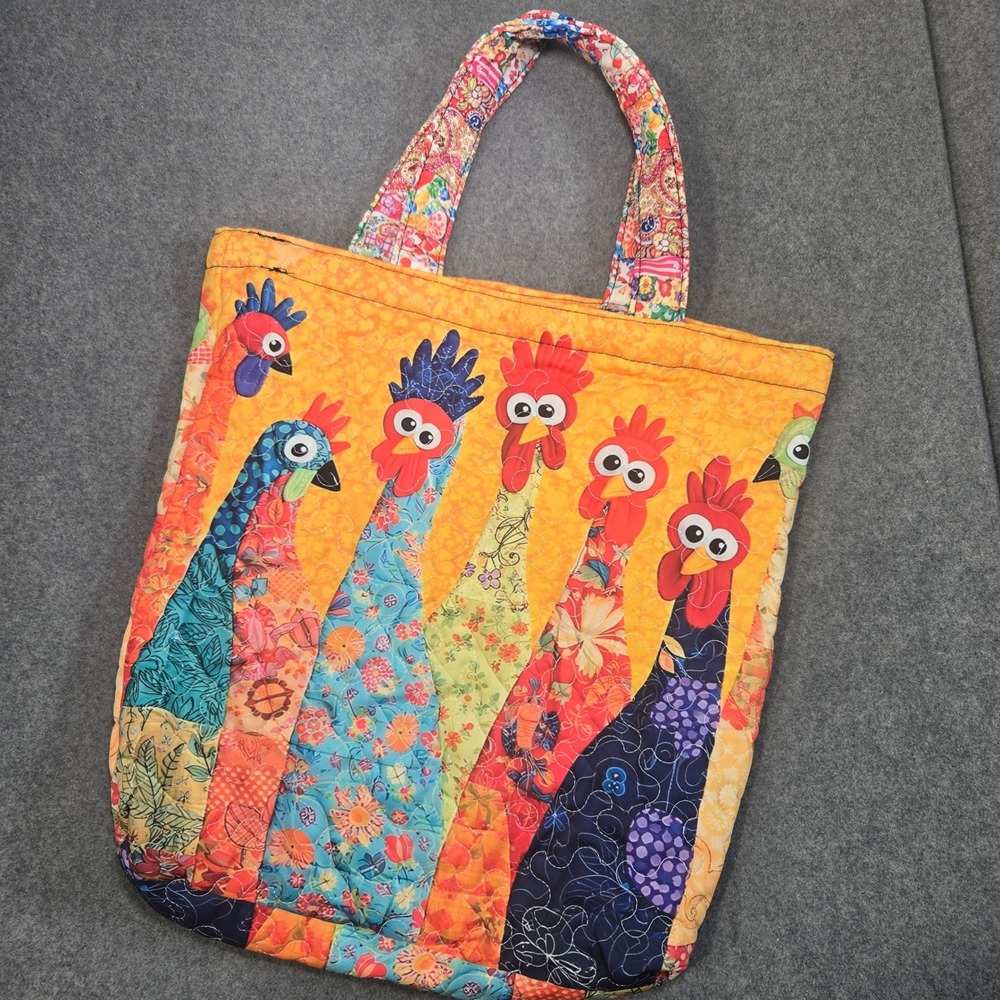 Quilted Tote Bag Purse Colorful Chicken Rooster Floral Orange Cottagecore - Picture 7 of 7